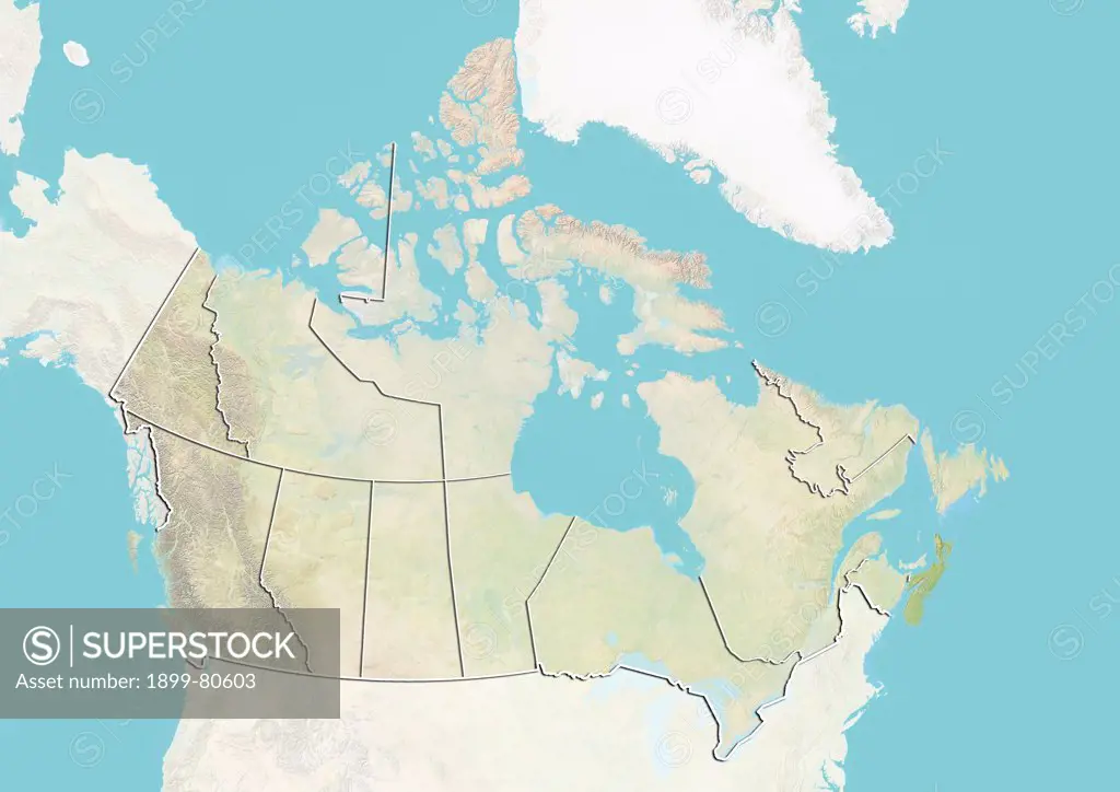 Relief map of Canada showing the province of Nova Scotia. This image was compiled from data acquired by LANDSAT 5 & 7 satellites combined with elevation data.