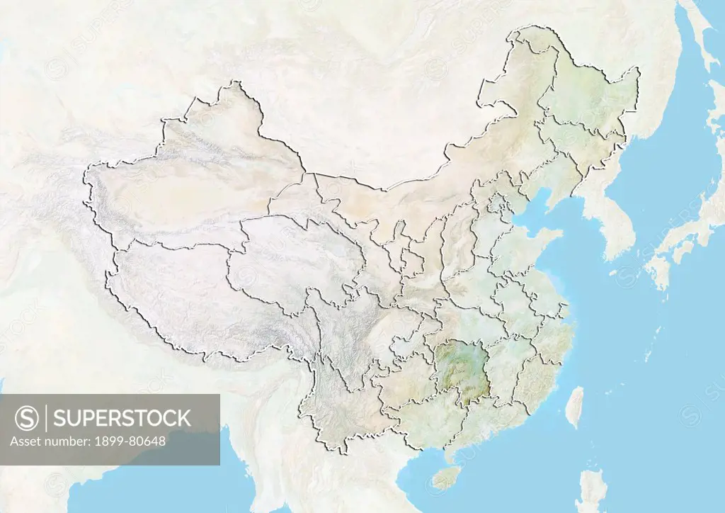 Relief map of China showing the province of Hunan. This image was compiled from data acquired by LANDSAT 5 & 7 satellites combined with elevation data.