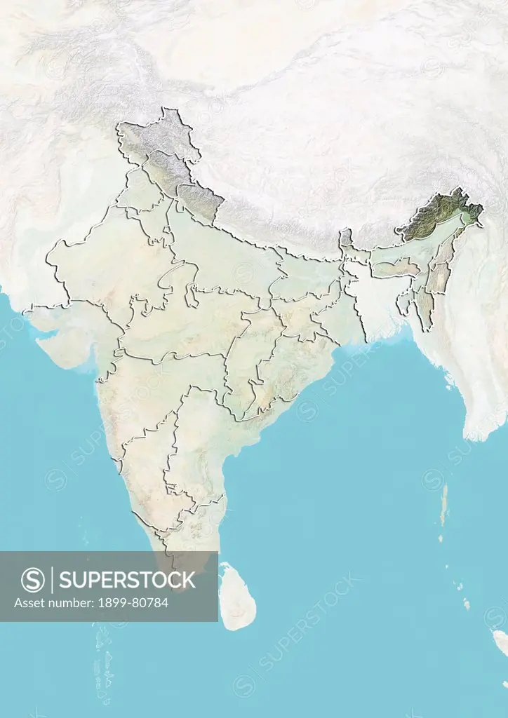 Relief map of India showing the State of Arunachal Pradesh. This image was compiled from data acquired by LANDSAT 5 & 7 satellites combined with elevation data.