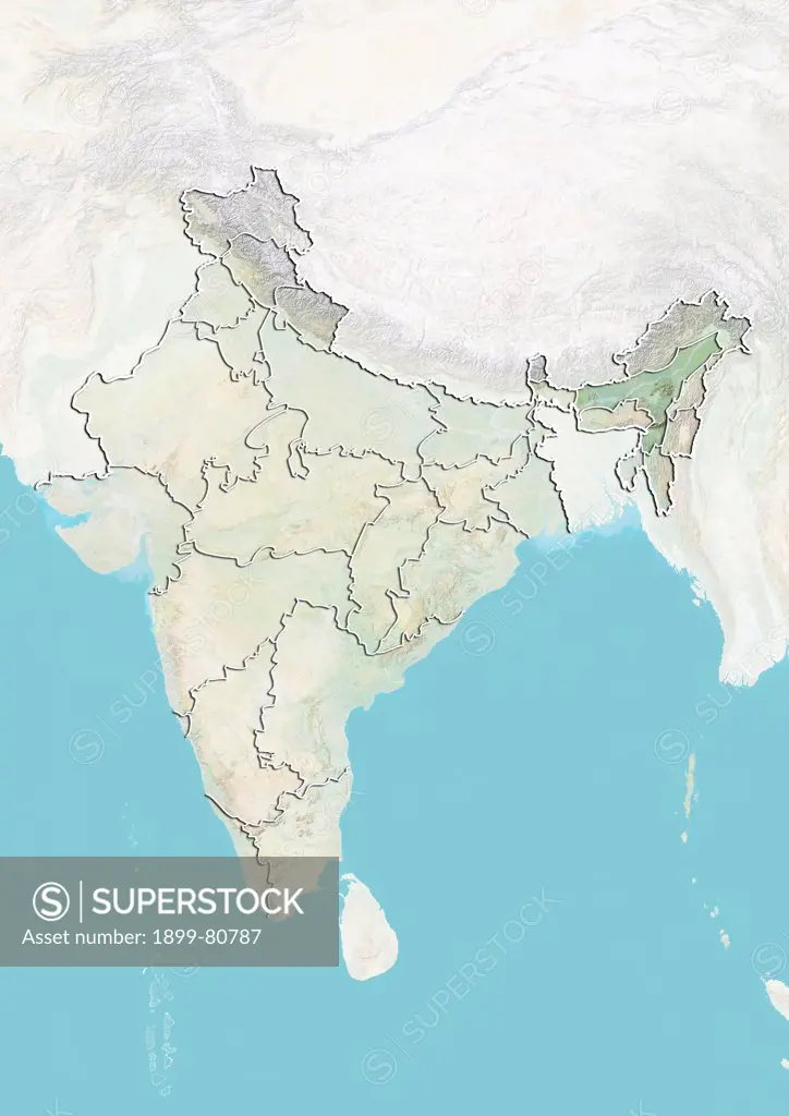 Relief map of India showing the State of Assam. This image was compiled from data acquired by LANDSAT 5 & 7 satellites combined with elevation data.