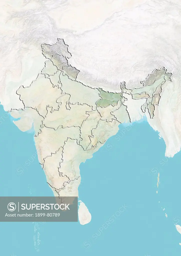 Relief map of India showing the State of Bihar. This image was compiled from data acquired by LANDSAT 5 & 7 satellites combined with elevation data.