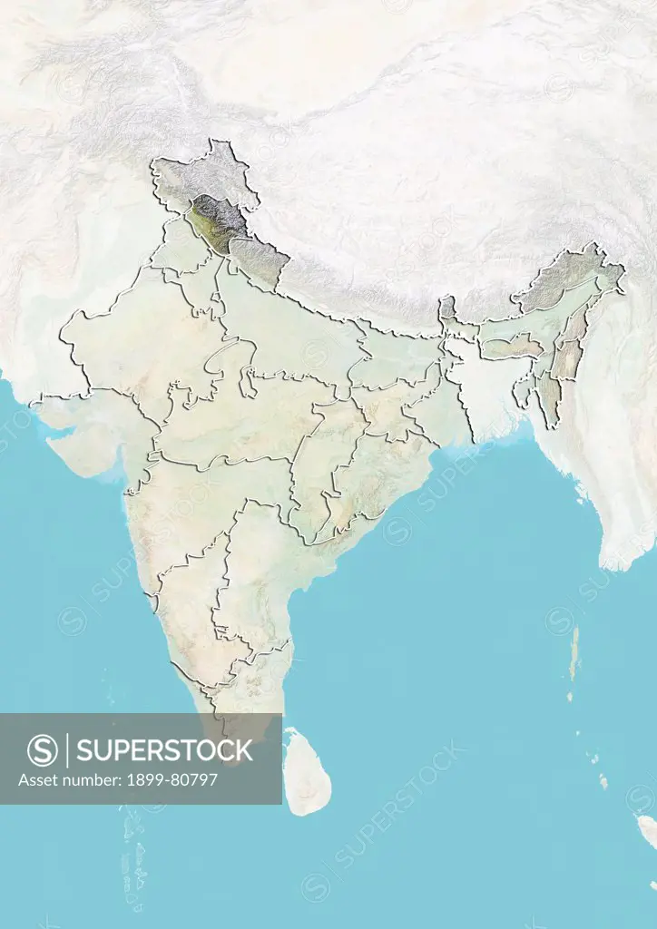 Relief map of India showing the State of Himachal Pradesh. This image was compiled from data acquired by LANDSAT 5 & 7 satellites combined with elevation data.