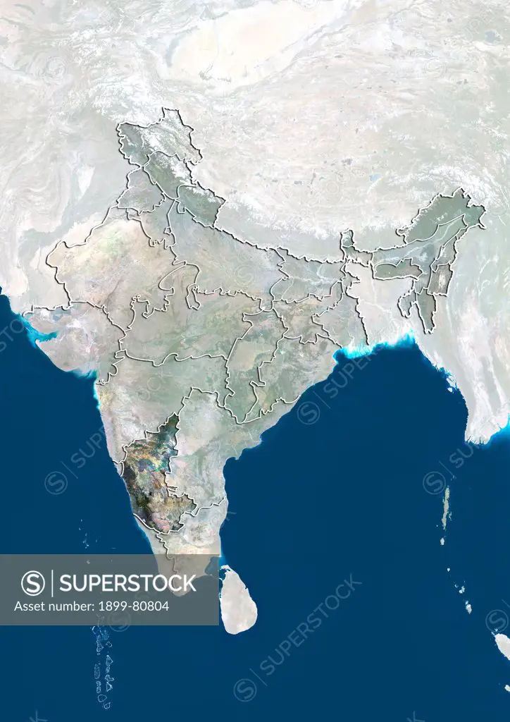 Satellite view of India showing the State of Karnataka. This image was compiled from data acquired by LANDSAT 5 & 7 satellites.