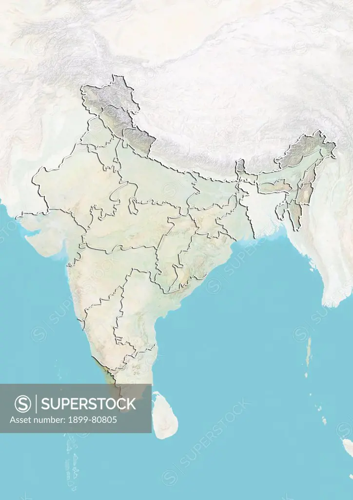 Relief map of India showing the State of Kerala. This image was compiled from data acquired by LANDSAT 5 & 7 satellites combined with elevation data.