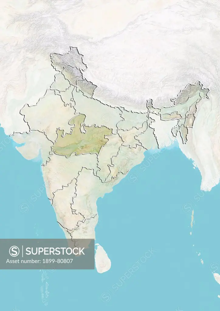 Relief map of India showing the State of Madhya Pradesh. This image was compiled from data acquired by LANDSAT 5 & 7 satellites combined with elevation data.