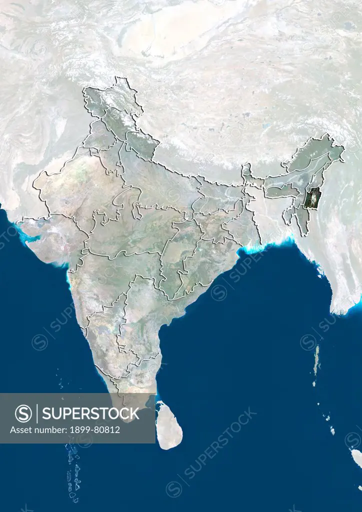 Satellite view of India showing the State of Manipur. This image was compiled from data acquired by LANDSAT 5 & 7 satellites.