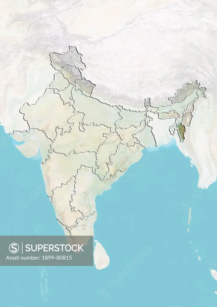 Relief map of India showing the State of Mizoram. This image was compiled from data acquired by LANDSAT 5 & 7 satellites combined with elevation data.