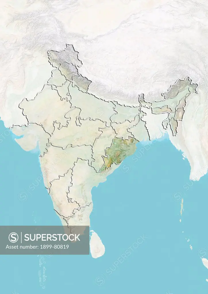 Relief map of India showing the State of Orissa. This image was compiled from data acquired by LANDSAT 5 & 7 satellites combined with elevation data.