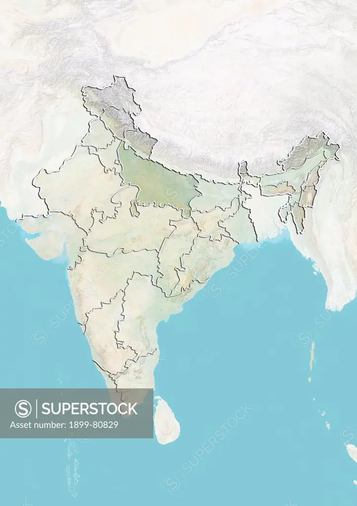 Relief map of India showing the State of Uttar Pradesh. This image was compiled from data acquired by LANDSAT 5 & 7 satellites combined with elevation data.