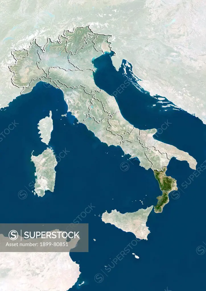 Satellite view of Italy showing the region of Calabria. This image was compiled from data acquired by LANDSAT 5 & 7 satellites.