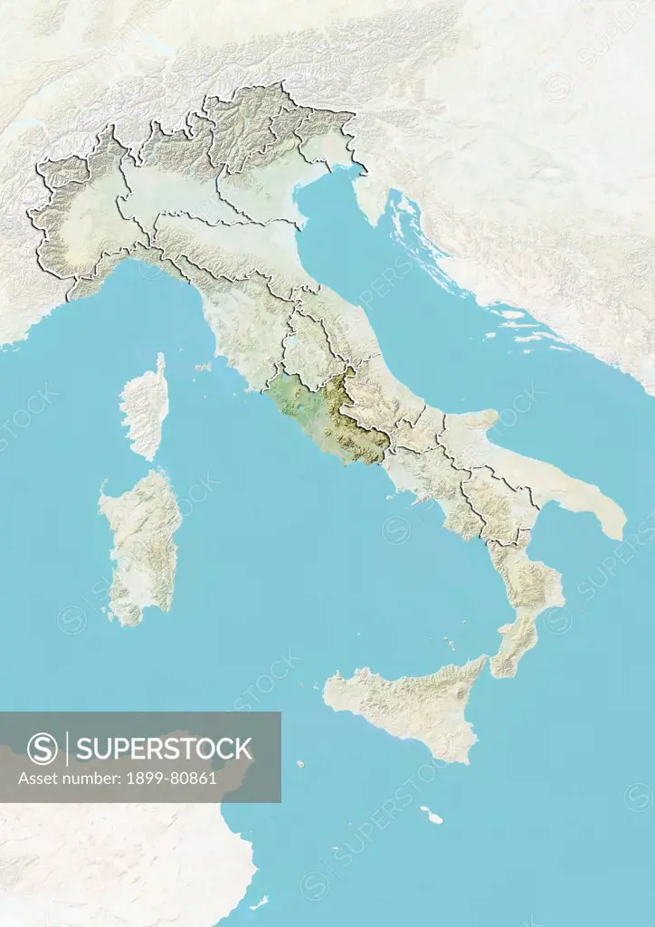 Relief map of Italy showing the region of Lazio. This image was compiled from data acquired by LANDSAT 5 & 7 satellites combined with elevation data.