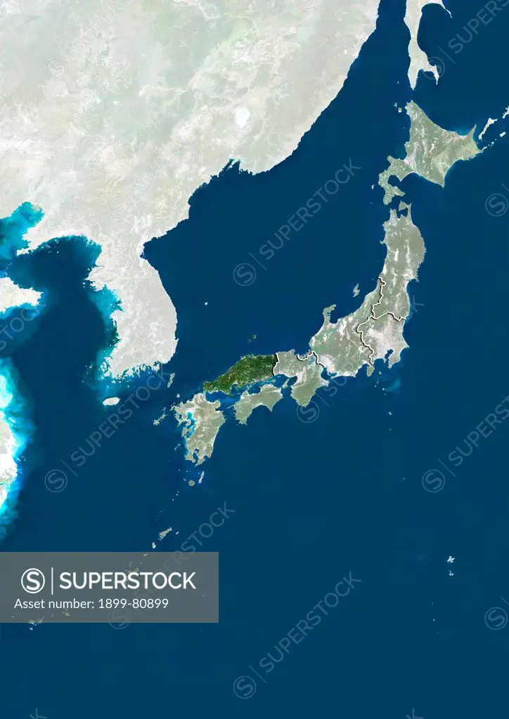 Satellite view of Japan showing the region of Chugoku. This image was compiled from data acquired by LANDSAT 5 & 7 satellites.