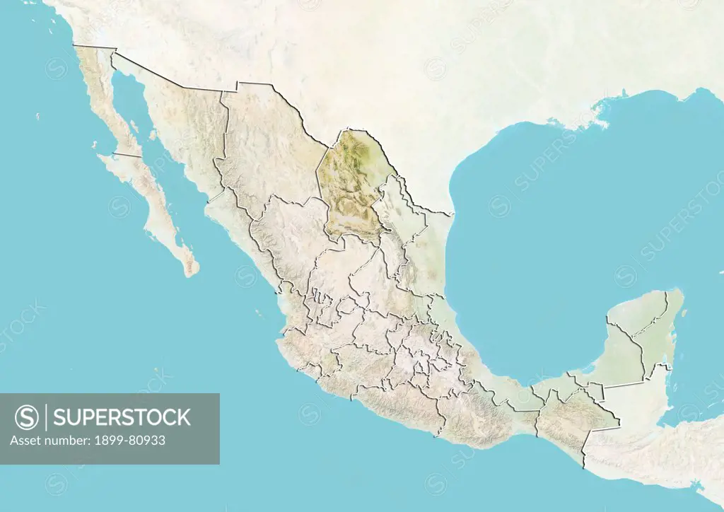 Relief map of Mexico showing the State of Coahuila. This image was compiled from data acquired by LANDSAT 5 & 7 satellites combined with elevation data.