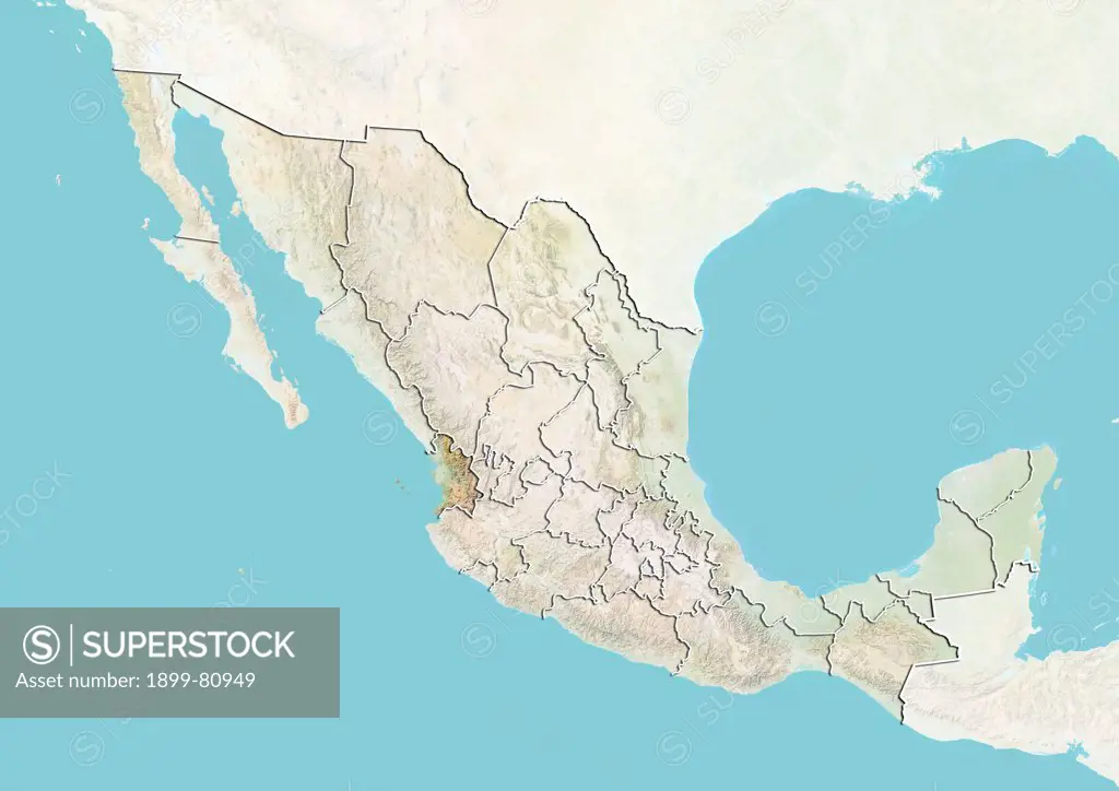 Relief map of Mexico showing the State of Nayarit. This image was compiled from data acquired by LANDSAT 5 & 7 satellites combined with elevation data.