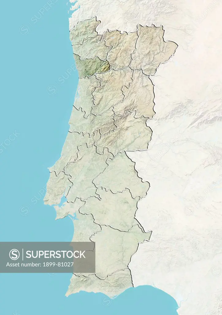 Relief map of Portugal showing the district of Porto. This image was compiled from data acquired by LANDSAT 5 & 7 satellites combined with elevation data.