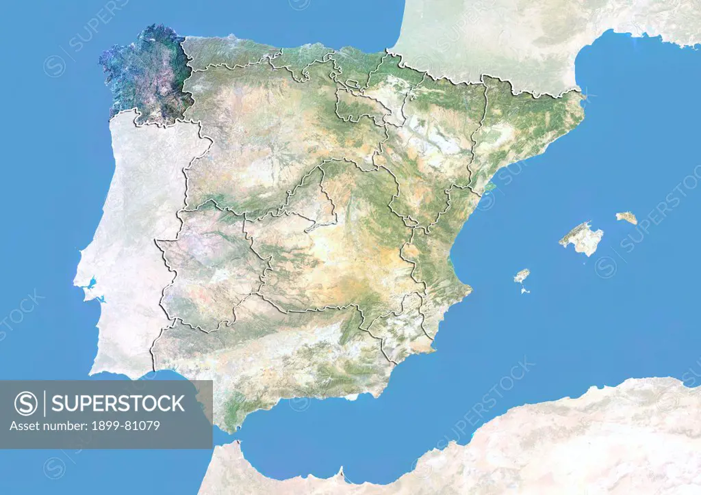 Satellite view of Spain with bump effect, showing the region of Galicia. This image was compiled from data acquired by LANDSAT 5 & 7 satellites combined with elevation data.