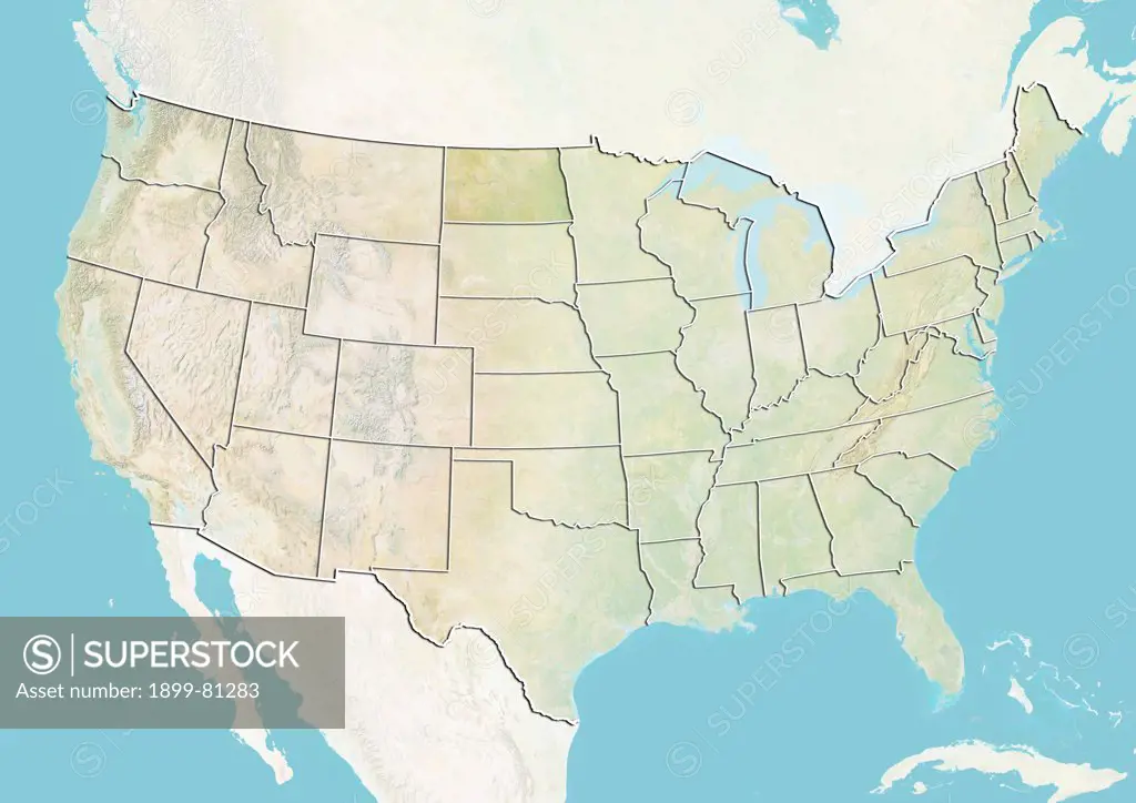 Relief map of the United States showing the State of North Dakota. This image was compiled from data acquired by LANDSAT 5 & 7 satellites combined with elevation data.