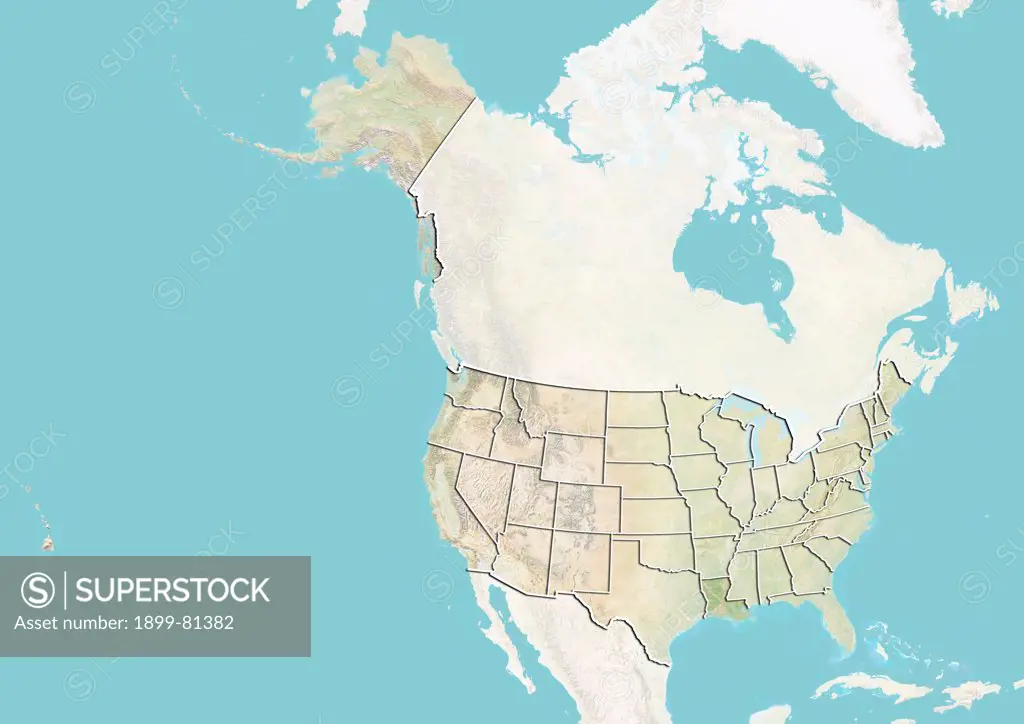 Relief map of the United States showing the State of Louisiana. This image was compiled from data acquired by LANDSAT 5 & 7 satellites combined with elevation data.