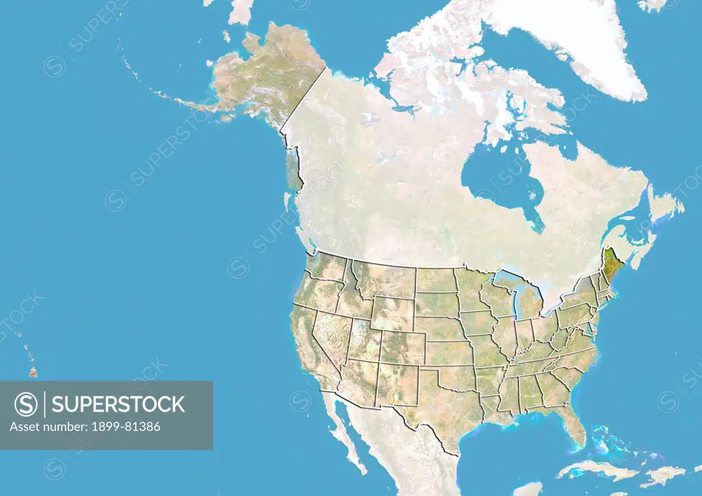 Satellite view of the United States with bump effect, showing the State of Maine. This image was compiled from data acquired by LANDSAT 5 & 7 satellites combined with elevation data.