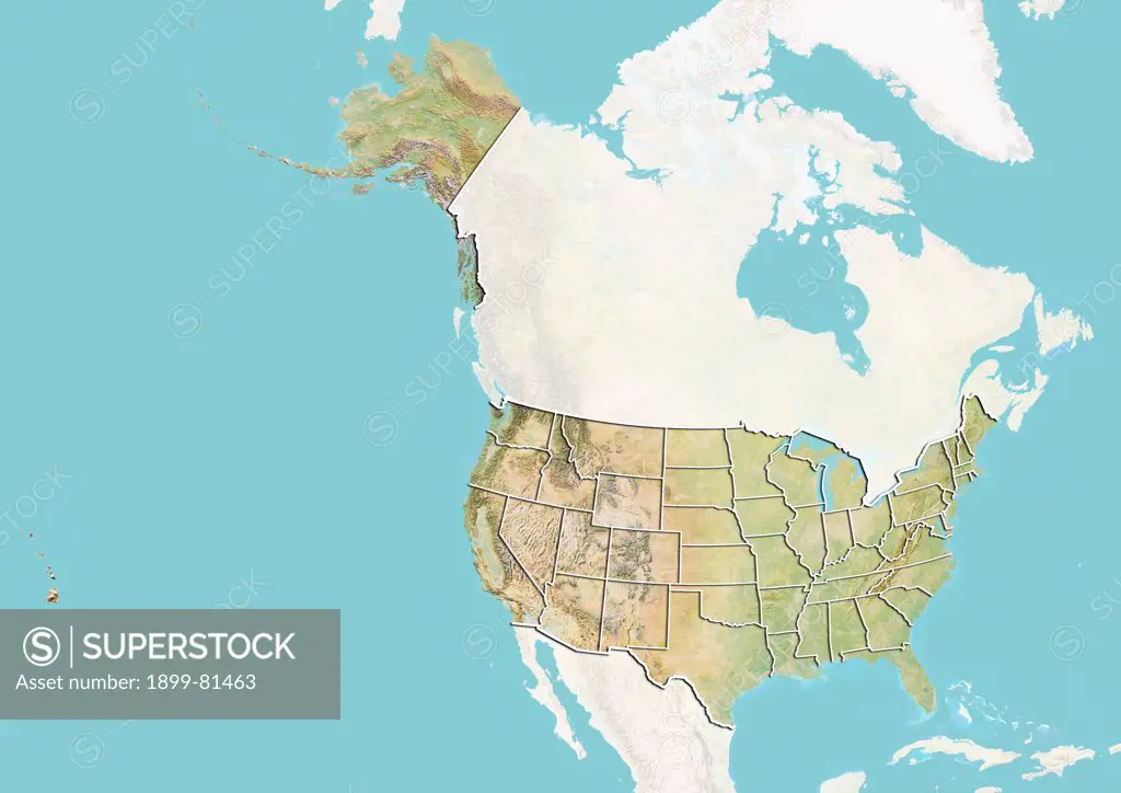 Relief map of the United States with state boundaries. This image was compiled from data acquired by LANDSAT 5 & 7 satellites combined with elevation data.