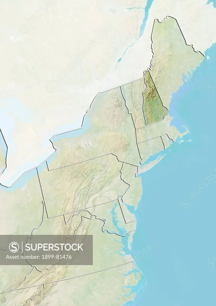 Relief map of the State of New Hampshire and Northeastern United States. This image was compiled from data acquired by LANDSAT 5 & 7 satellites combined with elevation data.