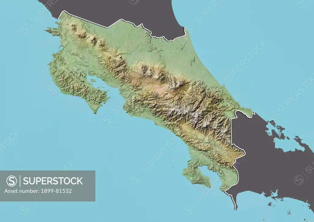 Relief map of Costa Rica (with border and mask). This image was compiled from data acquired by landsat 5 & 7 satellites combined with elevation data.