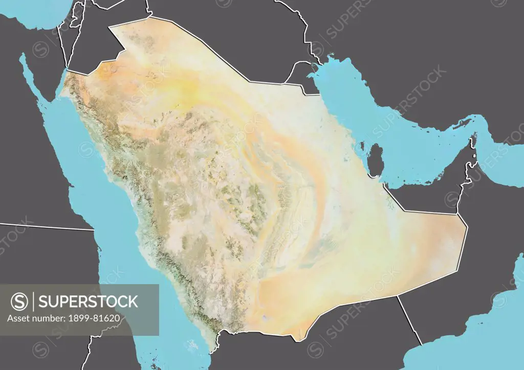 Relief map of Saudi Arabia (with border and mask). This image was compiled from data acquired by landsat 5 & 7 satellites combined with elevation data.