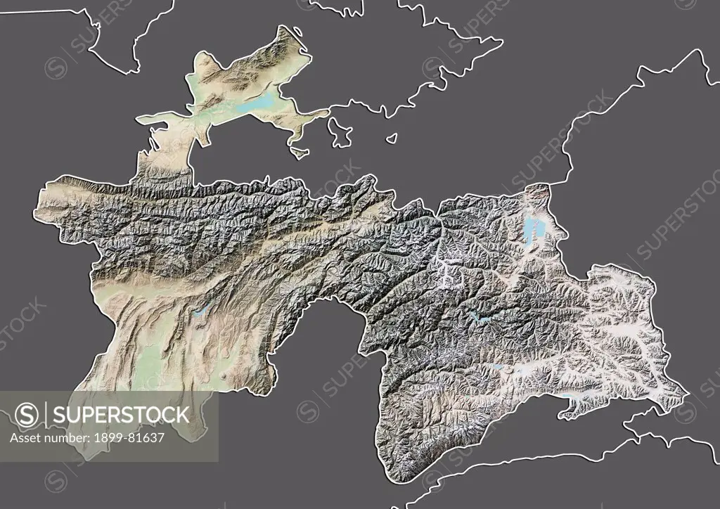 Relief map of Tajikistan (with border and mask). This image was compiled from data acquired by landsat 5 & 7 satellites combined with elevation data.