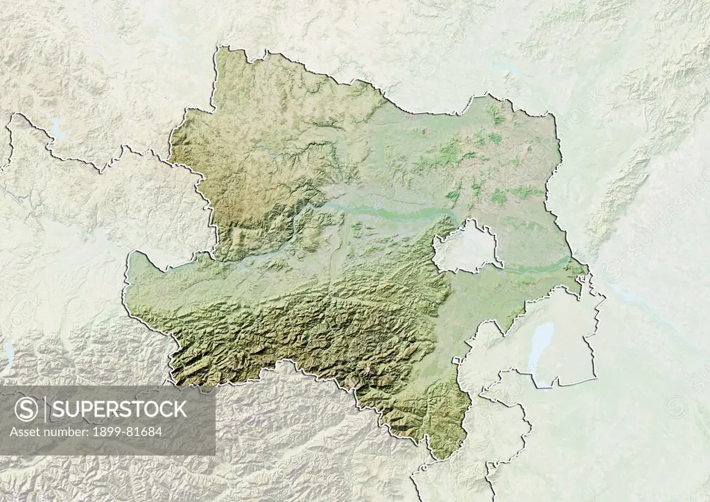 Relief map of the State of Lower Austria, Austria. This image was compiled from data acquired by LANDSAT 5 & 7 satellites combined with elevation data.