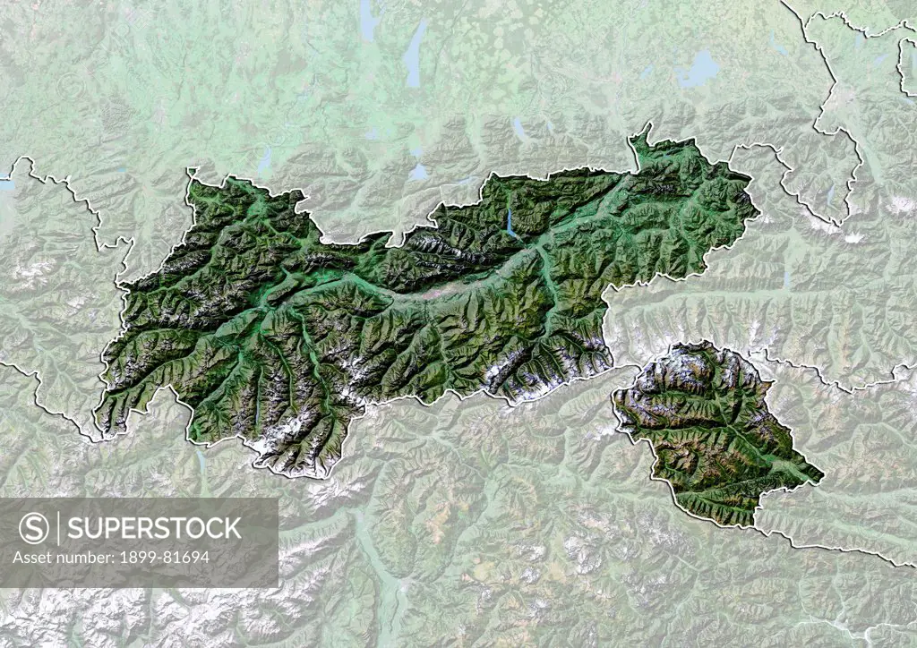 Satellite view with bump effect of the State of Tyrol, Austria. This image was compiled from data acquired by LANDSAT 5 & 7 satellites.