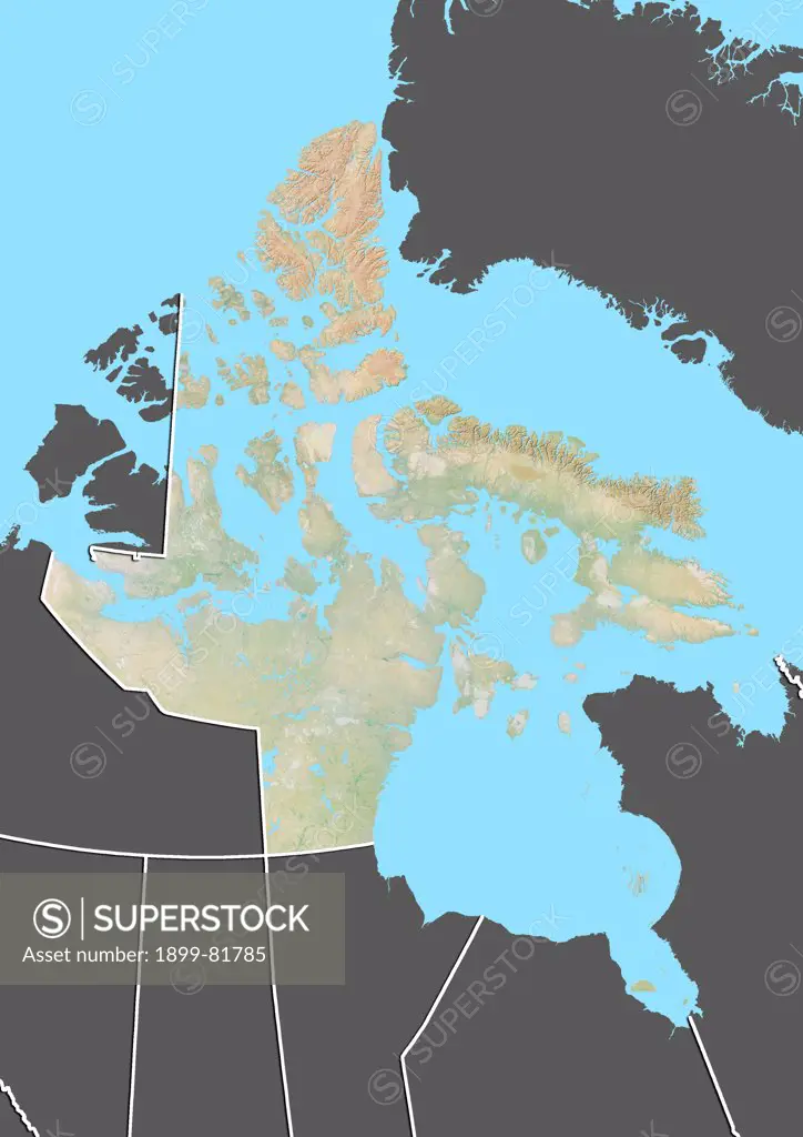 Relief map of Nunavut, Canada. This image was compiled from data acquired by LANDSAT 5 & 7 satellites combined with elevation data.