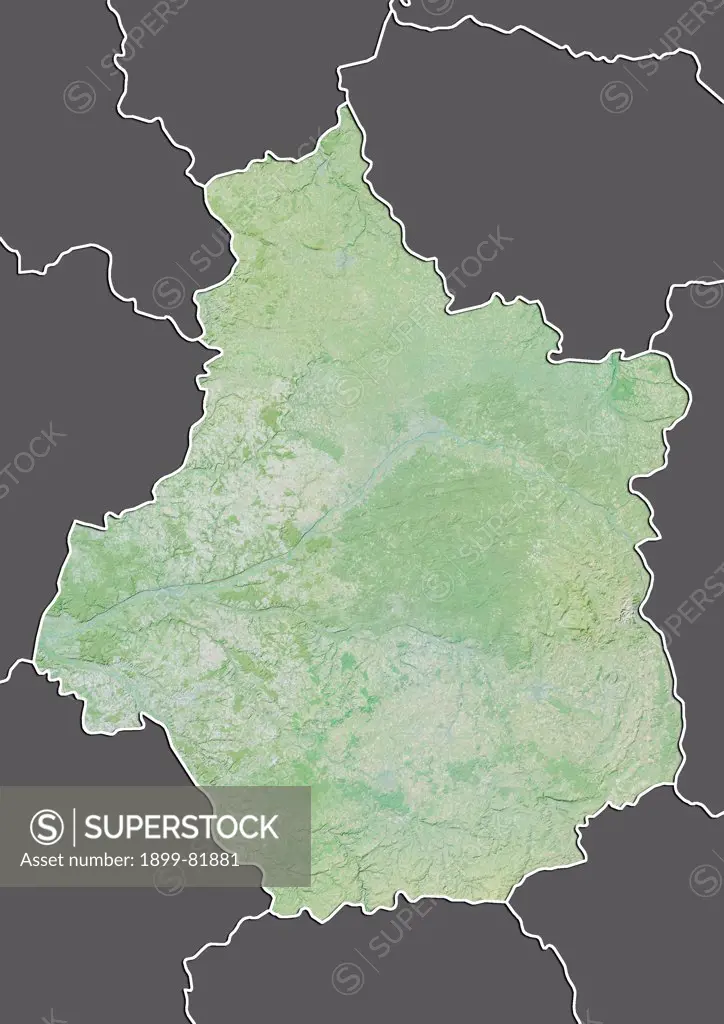 Relief map of Centre, France. This image was compiled from data acquired by LANDSAT 5 & 7 satellites combined with elevation data.