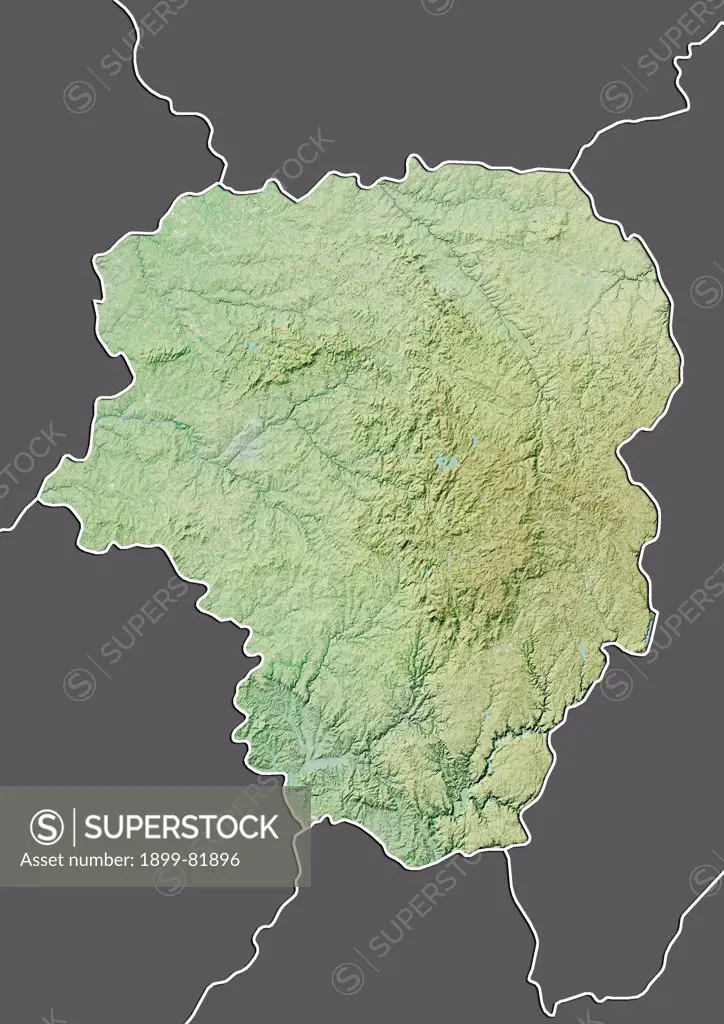 Relief map of Limousin, France. This image was compiled from data acquired by LANDSAT 5 & 7 satellites combined with elevation data.