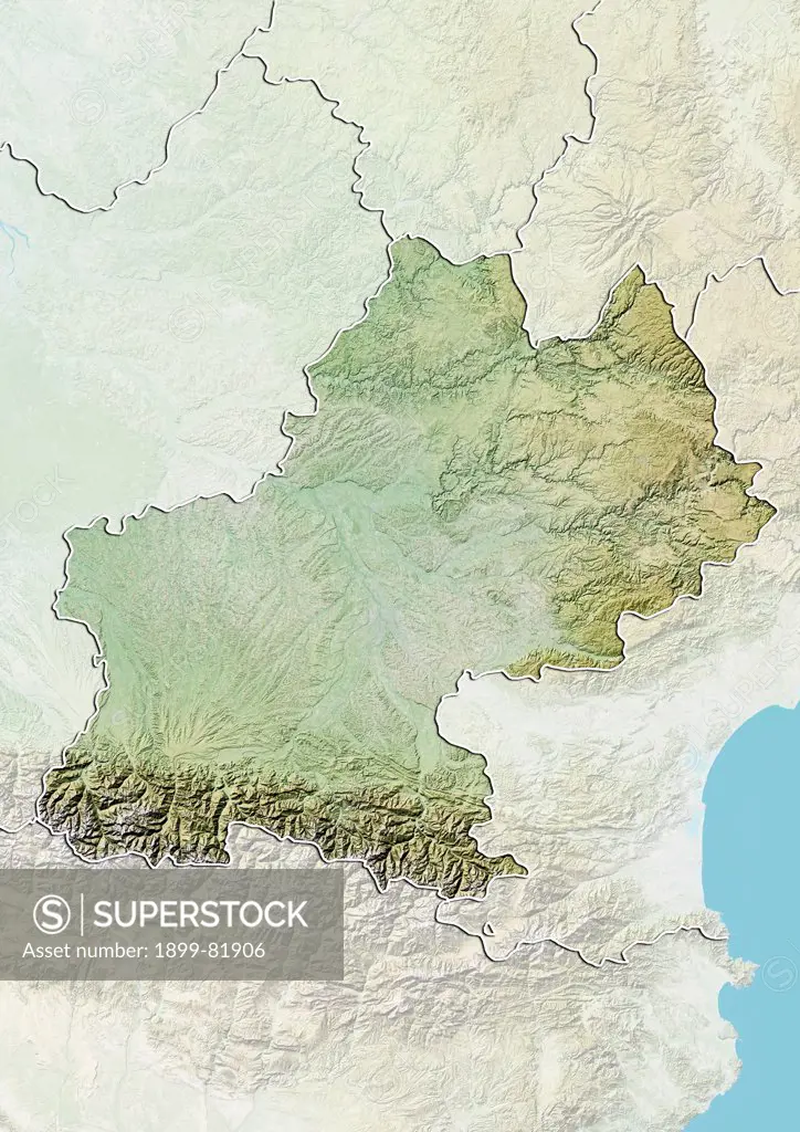 Relief map of Midi-Pyrenees, France. This image was compiled from data acquired by LANDSAT 5 & 7 satellites combined with elevation data.