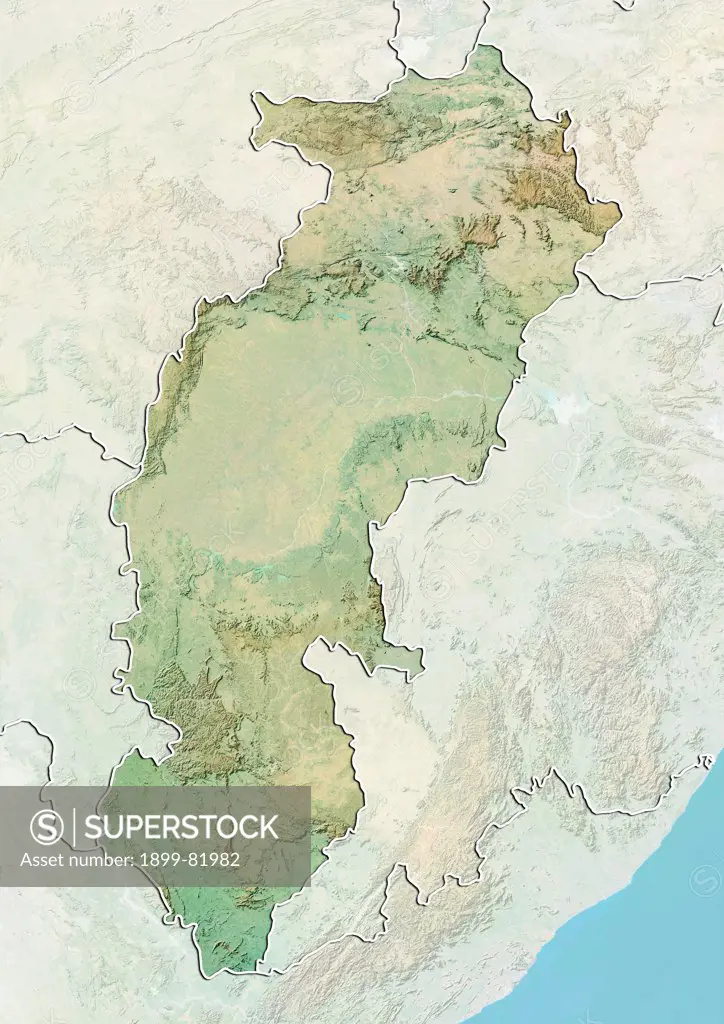 Relief map of the State of Chhattisgarh, India. This image was compiled from data acquired by LANDSAT 5 & 7 satellites combined with elevation data.