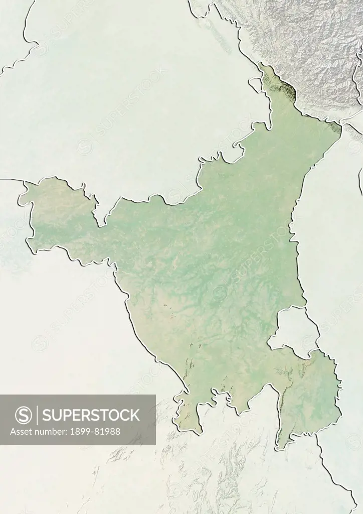 Relief map of the State of Haryana, India. This image was compiled from data acquired by LANDSAT 5 & 7 satellites combined with elevation data.