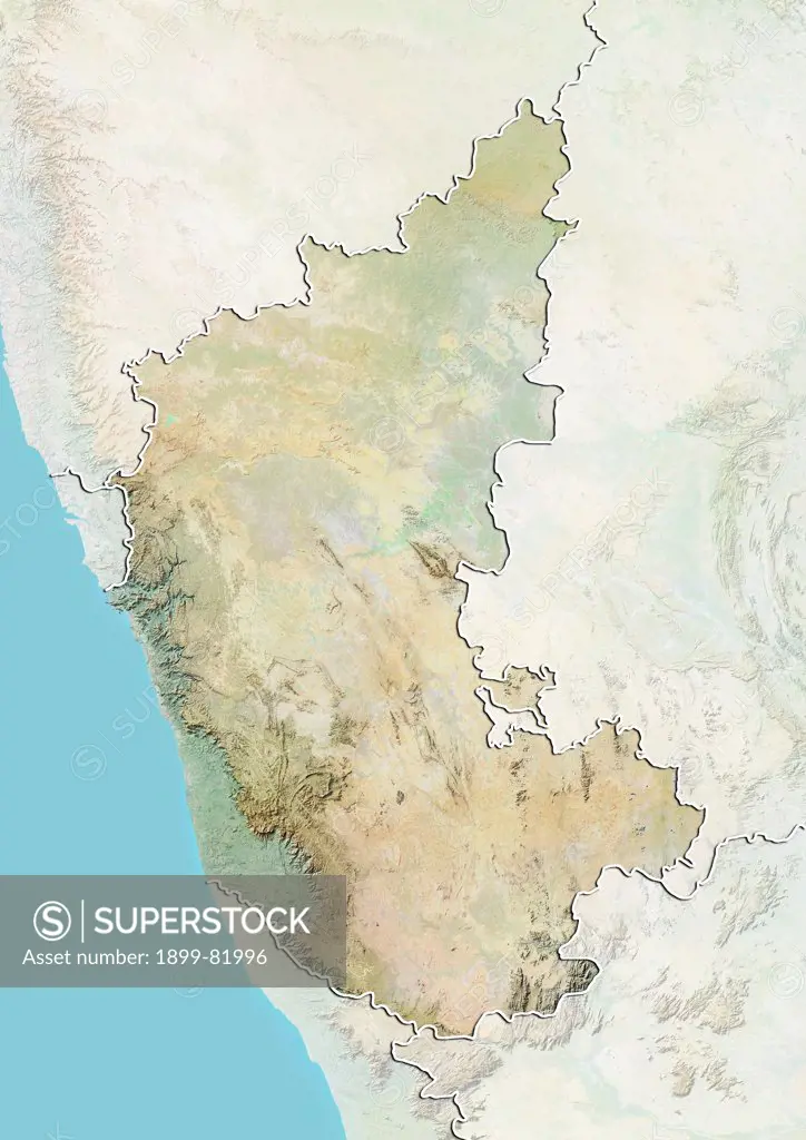 Relief map of the State of Karnataka, India. This image was compiled from data acquired by LANDSAT 5 & 7 satellites combined with elevation data.