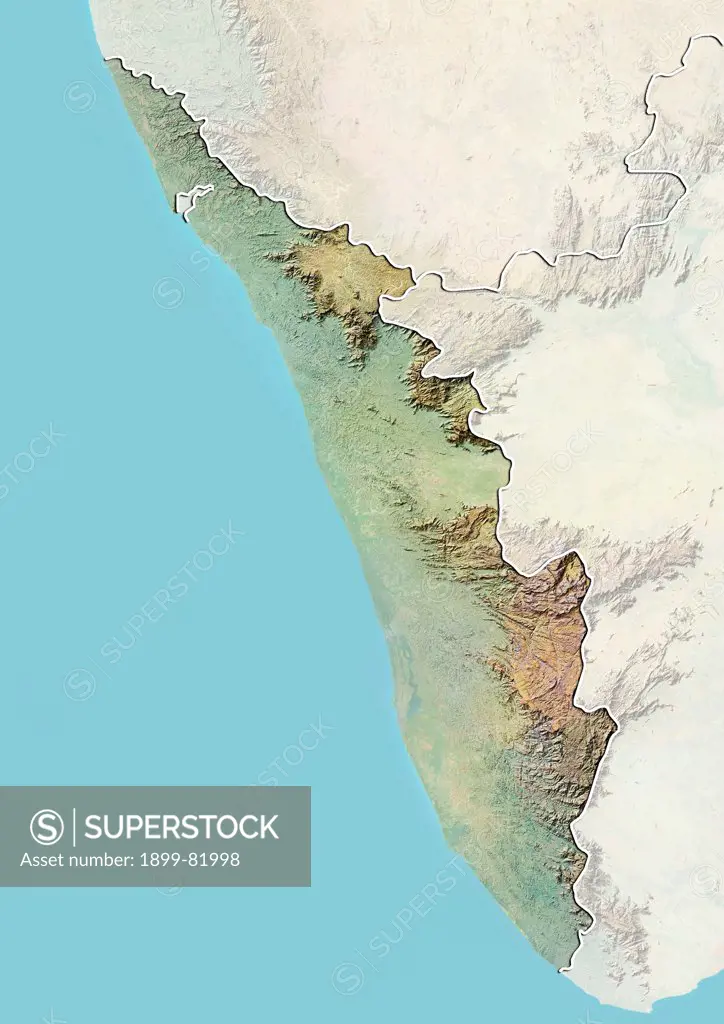 Relief map of the State of Kerala, India. This image was compiled from data acquired by LANDSAT 5 & 7 satellites combined with elevation data.