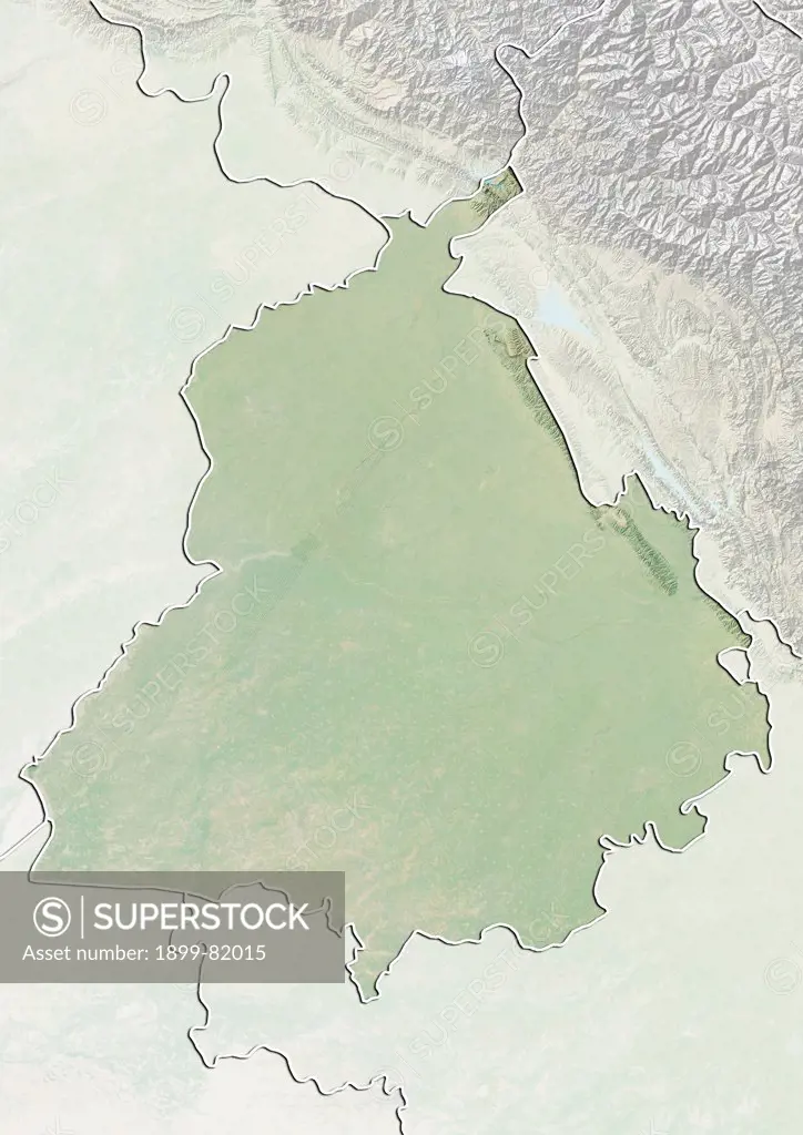 Relief map of the State of Punjab, India. This image was compiled from data acquired by LANDSAT 5 & 7 satellites combined with elevation data.