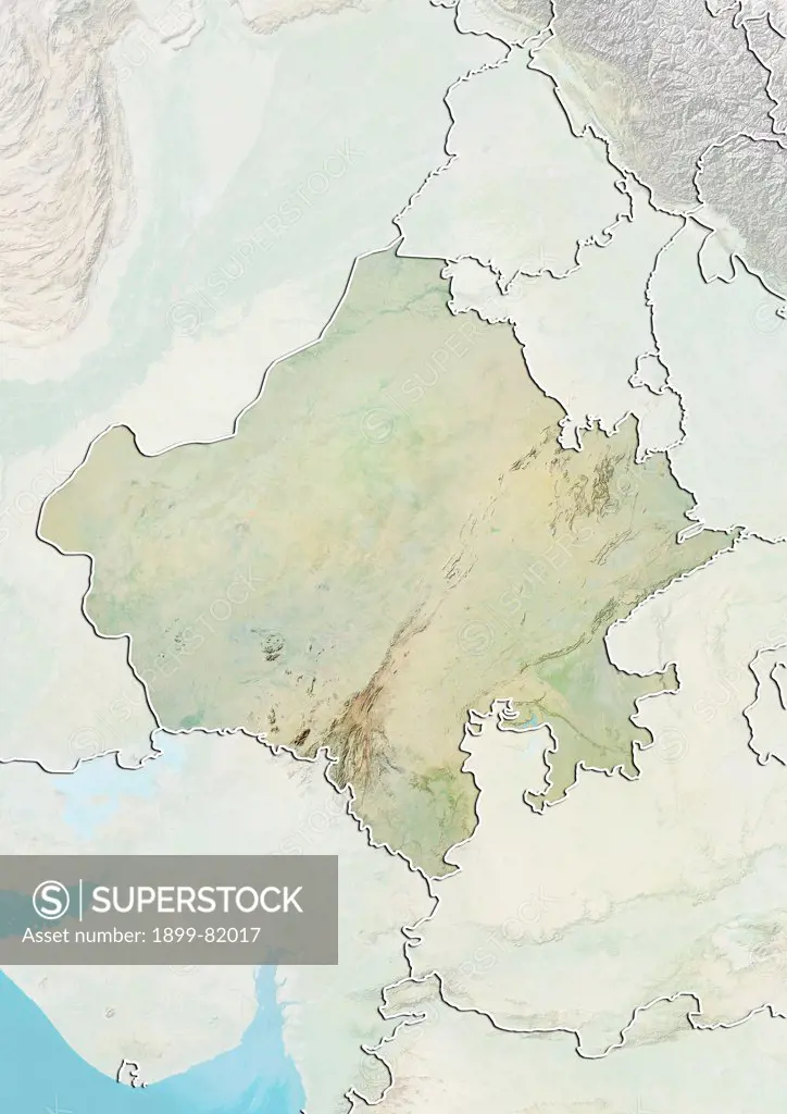 Relief map of the State of Rajasthan, India. This image was compiled from data acquired by LANDSAT 5 & 7 satellites combined with elevation data.