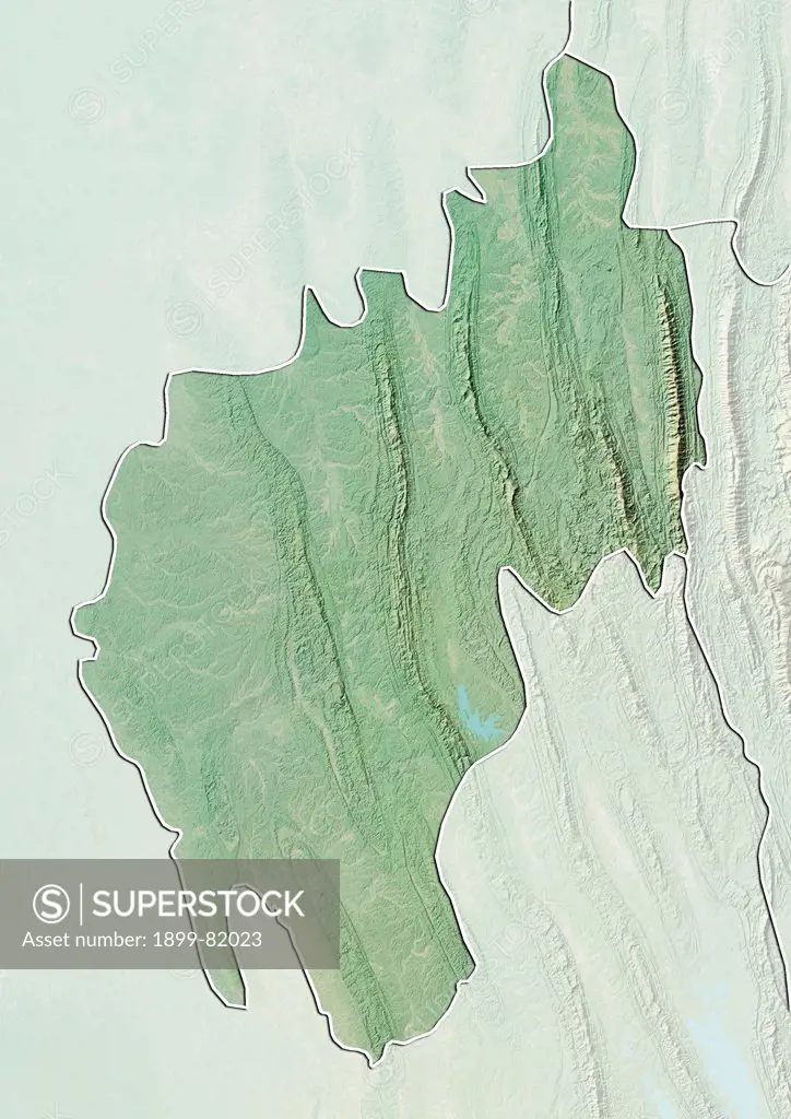 Relief map of the State of Tripura, India. This image was compiled from data acquired by LANDSAT 5 & 7 satellites combined with elevation data.