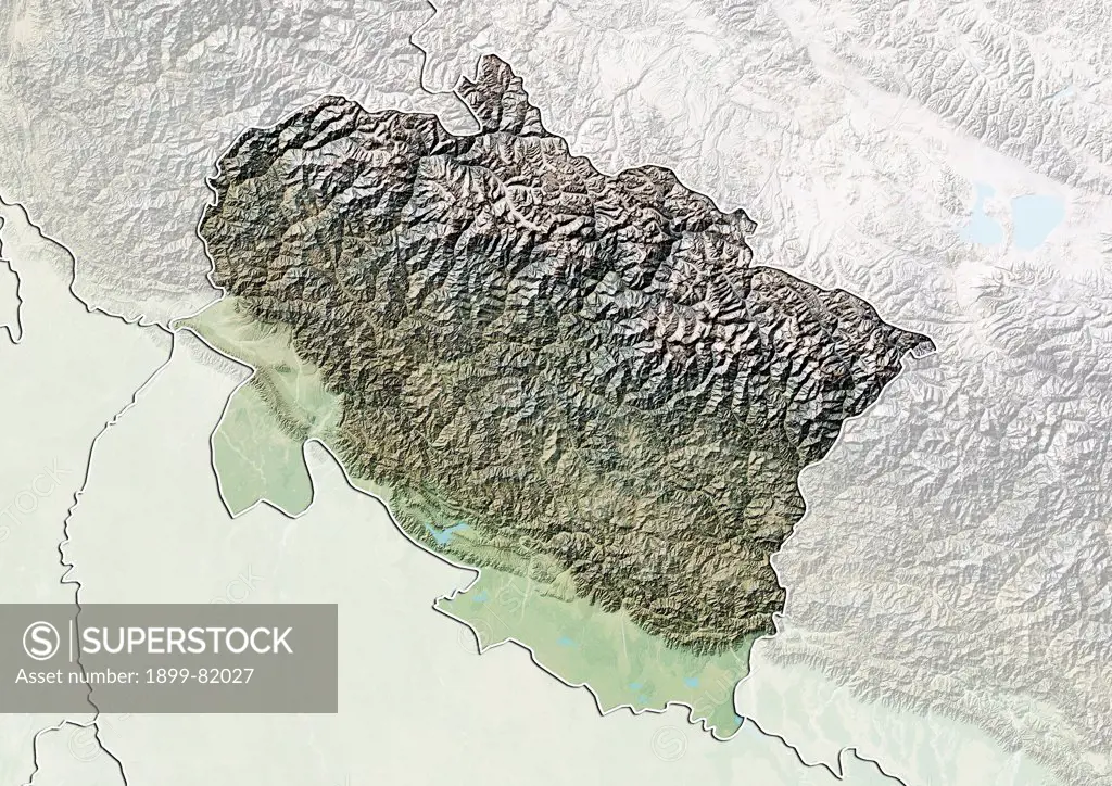 Relief map of the State of Uttarakhand, India. This image was compiled from data acquired by LANDSAT 5 & 7 satellites combined with elevation data.