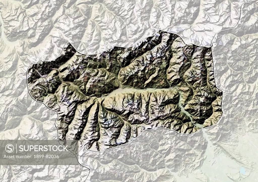 Relief map of the region of Aosta Valley, Italy. This image was compiled from data acquired by LANDSAT 5 & 7 satellites combined with elevation data.