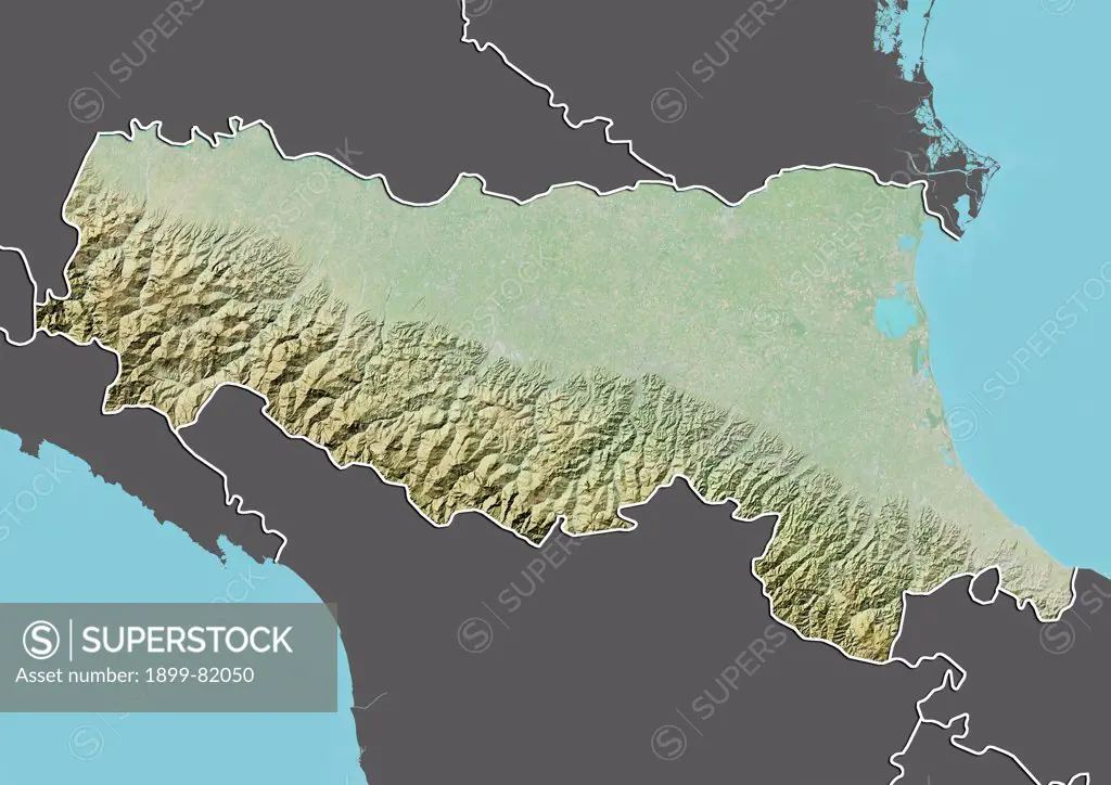 Relief map of the region of Emilia Romagna, Italy. This image was compiled from data acquired by LANDSAT 5 & 7 satellites combined with elevation data.