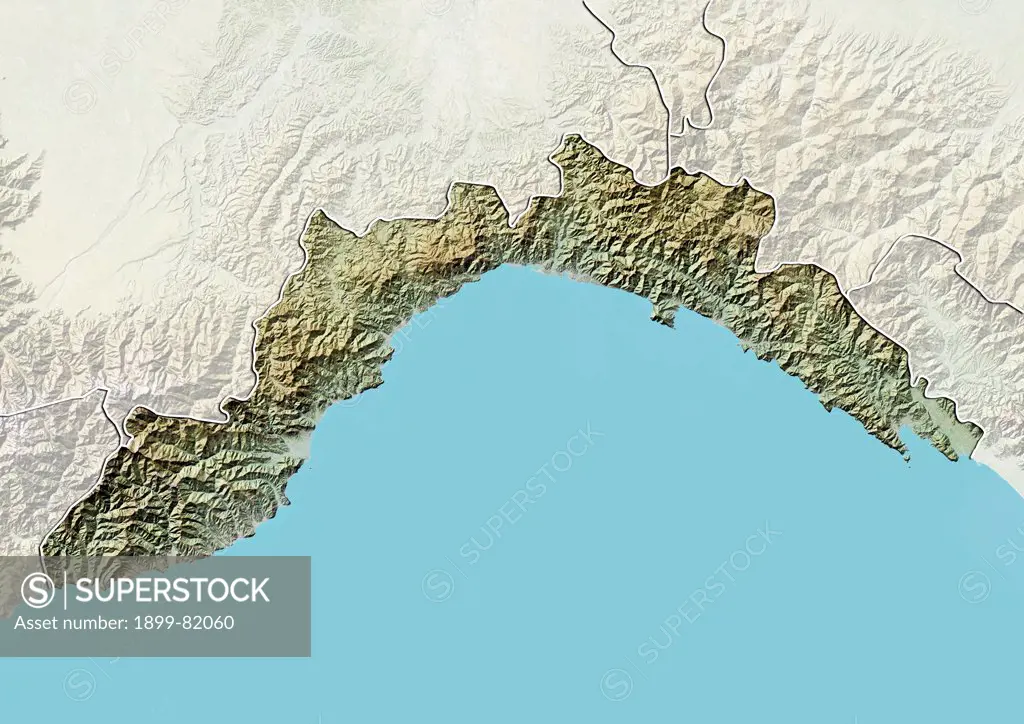 Relief map of the region of Liguria, Italy. This image was compiled from data acquired by LANDSAT 5 & 7 satellites combined with elevation data.