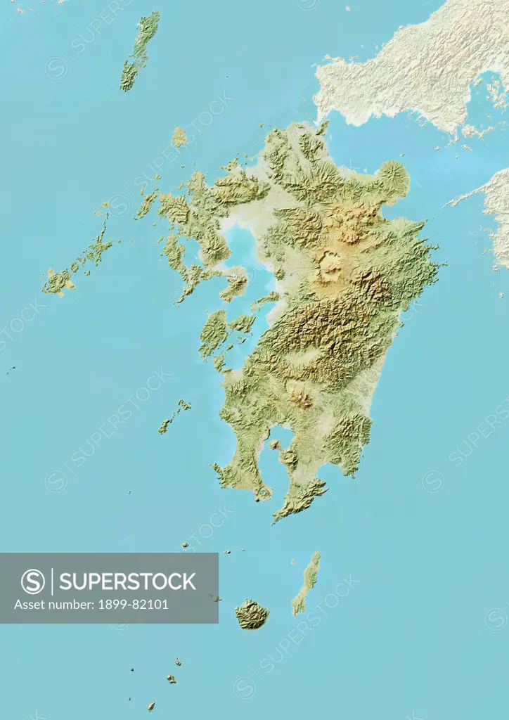 Relief map of the region of Kyushu, Japan. This image was compiled from data acquired by LANDSAT 5 & 7 satellites combined with elevation data.