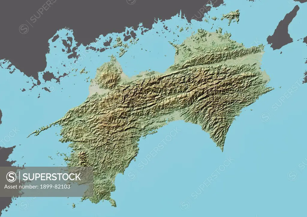 Relief map of the region of Shikoku, Japan. This image was compiled from data acquired by LANDSAT 5 & 7 satellites combined with elevation data.