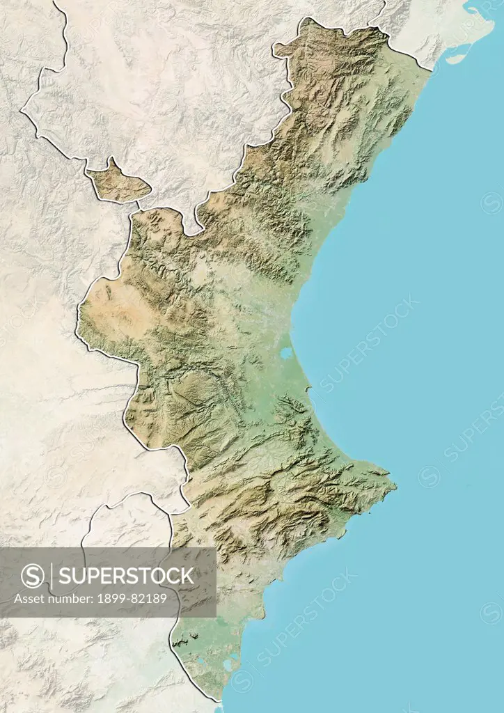 Relief map of Valencia, Spain. This image was compiled from data acquired by LANDSAT 5 & 7 satellites combined with elevation data.