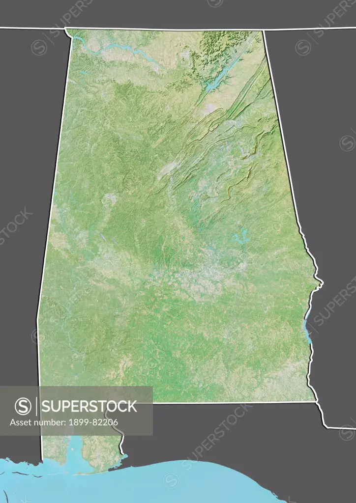 Relief map of the State of Alabama, United States. This image was compiled from data acquired by LANDSAT 5 & 7 satellites combined with elevation data.