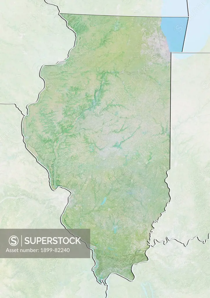 Relief map of the State of Illinois, United States. This image was compiled from data acquired by LANDSAT 5 & 7 satellites combined with elevation data.